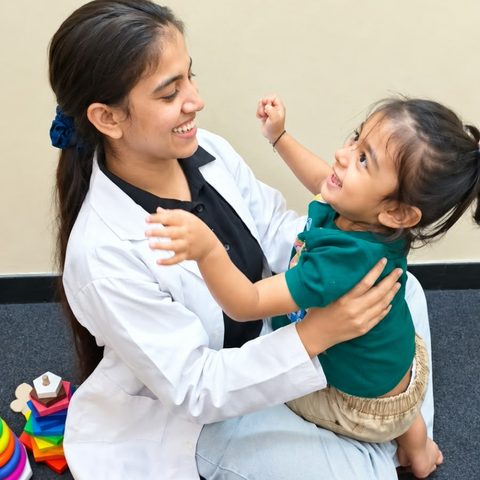 A smiling therapist holding a toddler who reaches up with both arms.